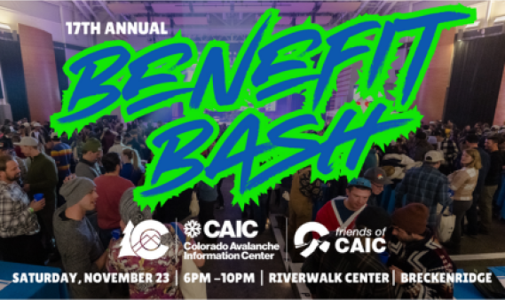 Benefit bash in blue and green text on top of a picture from a previous event above the CAIC's and Friends of CAIC's logos. 