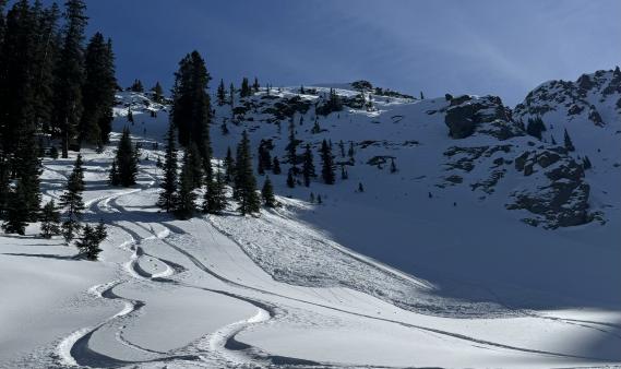 Looking up from a flatter spot on a steeper slope with several ski tracks on the left of an avalanche. 