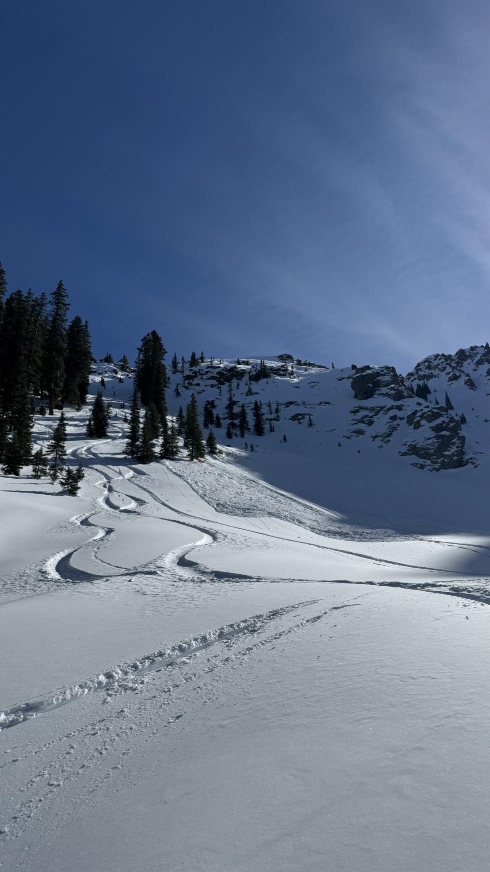 Looking up from a flatter spot on a steeper slope with several ski tracks on the left of an avalanche. 