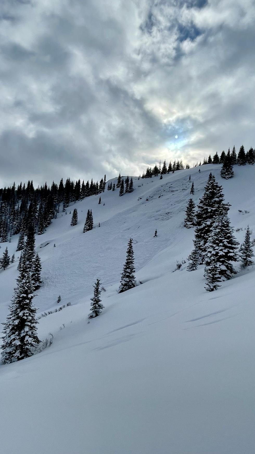 Avalanche on a slope with moody clouds and low lighting